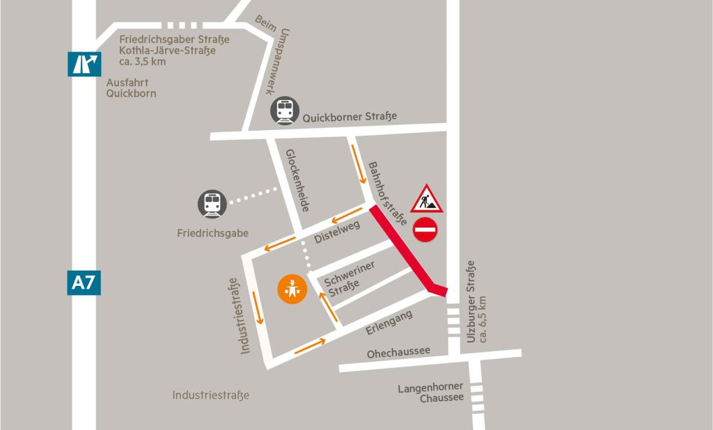 Kartenausschnitt der eine Straßensperrung in Norderstedt, über Bahnhofstraße zur Schweriner Straße zeigt. Zeitraum 5.08.-06.09.25