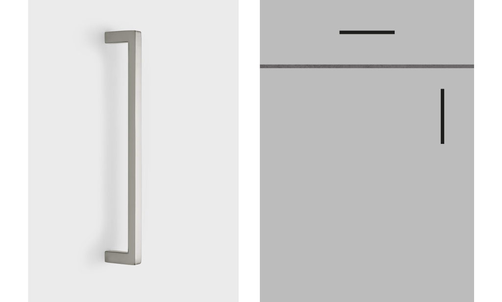 Zu sehen ist ein dünner Küchengriff in senkrechter Position, in Edelstahloptik. Die Front ist weiß. Daneben eine Zeichnung bezüglich der Position der Griffanbringen auf einer Front.
